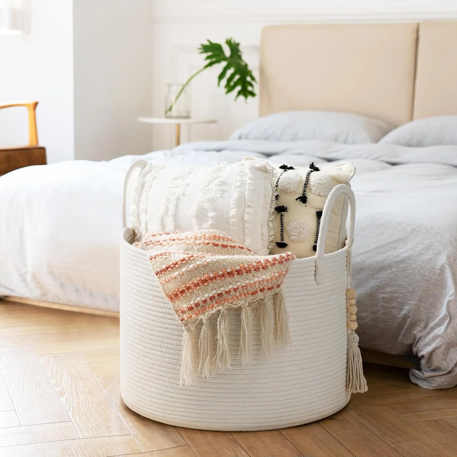 Large Laundry Basket Decorative White Basket for Blankets, Baby Storage Basket for Nursery, Living Room, Bedroom, Big Rope Hamper 17.7 x 12.6 Inches