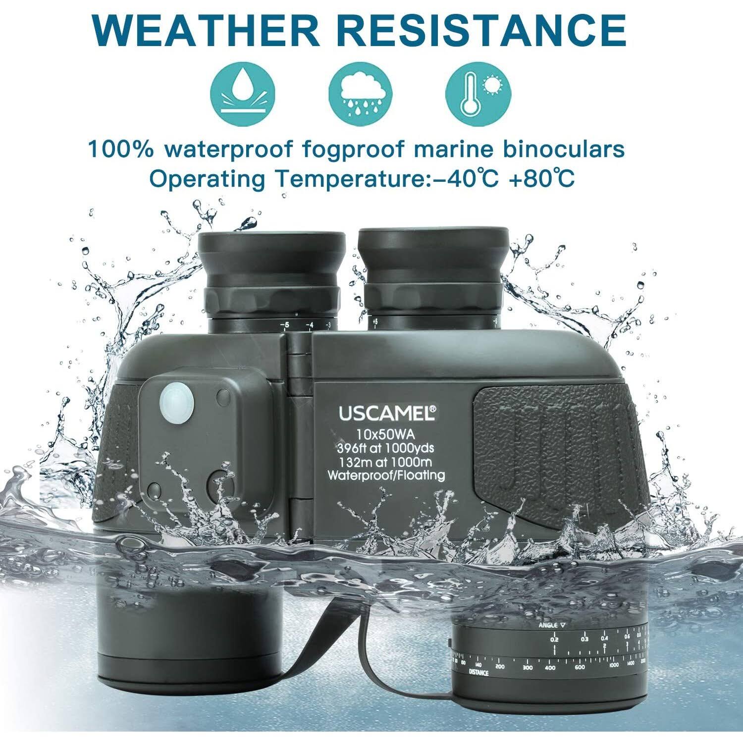 USCAMEL 10x50 Marine Military Binoculars for Adults, Waterproof Binoculars with Rangefinder Compass BAK4 Prism FMC Lens for B