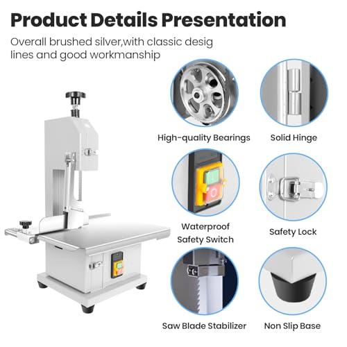 1000W Electric Bone Saw Machine, 18x14" Stainless Steel Worktable, Cuts 0.04-3.9" Thickness, Frozen Meat Cutter with 8 Blades Included