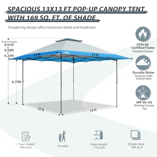 EAGLE PEAK 13x13 Straight Leg Pop Up Canopy Tent Instant Outdoor Canopy Easy Single Person Set up Folding Shelter w/Auto Extending Eaves 169 Square