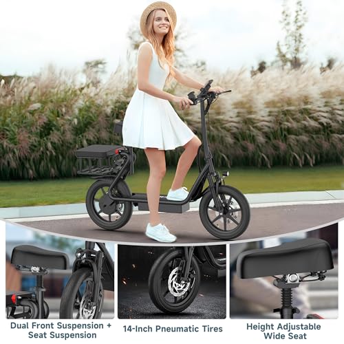 Electric Scooter with Seat, 500W Motor, 14'' Tires, Top Speed 22 mph, Max 27/49 Miles Ranges, Foldable E-Scooter with Suspension