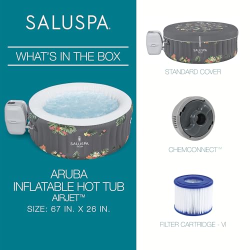 Bestway SaluSpa Aruba AirJet 2 to 3 Person Inflatable Hot Tub, 67 x 26 Inch Round Portable Outdoor Spa with 110 Soothing Jets and Cover, Gray