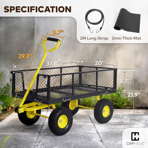 CAPHAUS Metal Black Garden Cart, w/ 180° Adjustable Yellow Handle, w/Mat and Strap, Heavy Duty 880 lbs Capacity, w/ 10” Flat-Free Tires