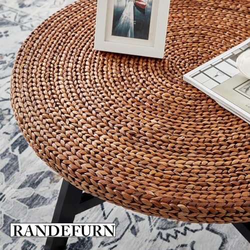 RANDEFURN Coffee Table Round, Seagrass Coffee Tables,Pine Wood X Base Frame Cocktail Table, Easy Assembled, Multiple Sizes for Living Room