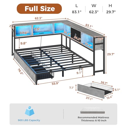DICTAC Corner Full Bed Frame with Bookcase Storage and Led Lights Full Size Metal Platform Bed Frame with Storage Drawers & Charging Station Full
