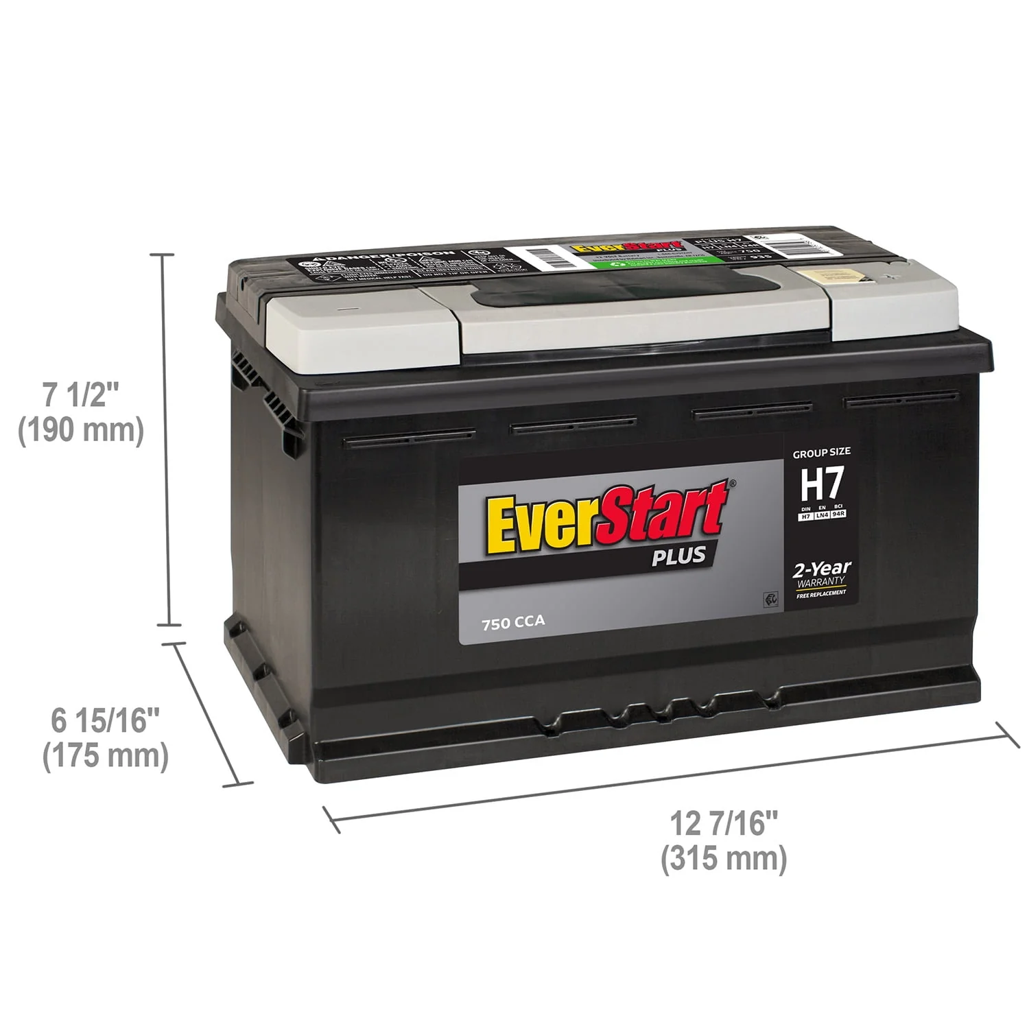EverStart Plus Lead Acid Automotive Battery, Group Size H7 / LN4 / 94R 12 Volt, 750 CCA