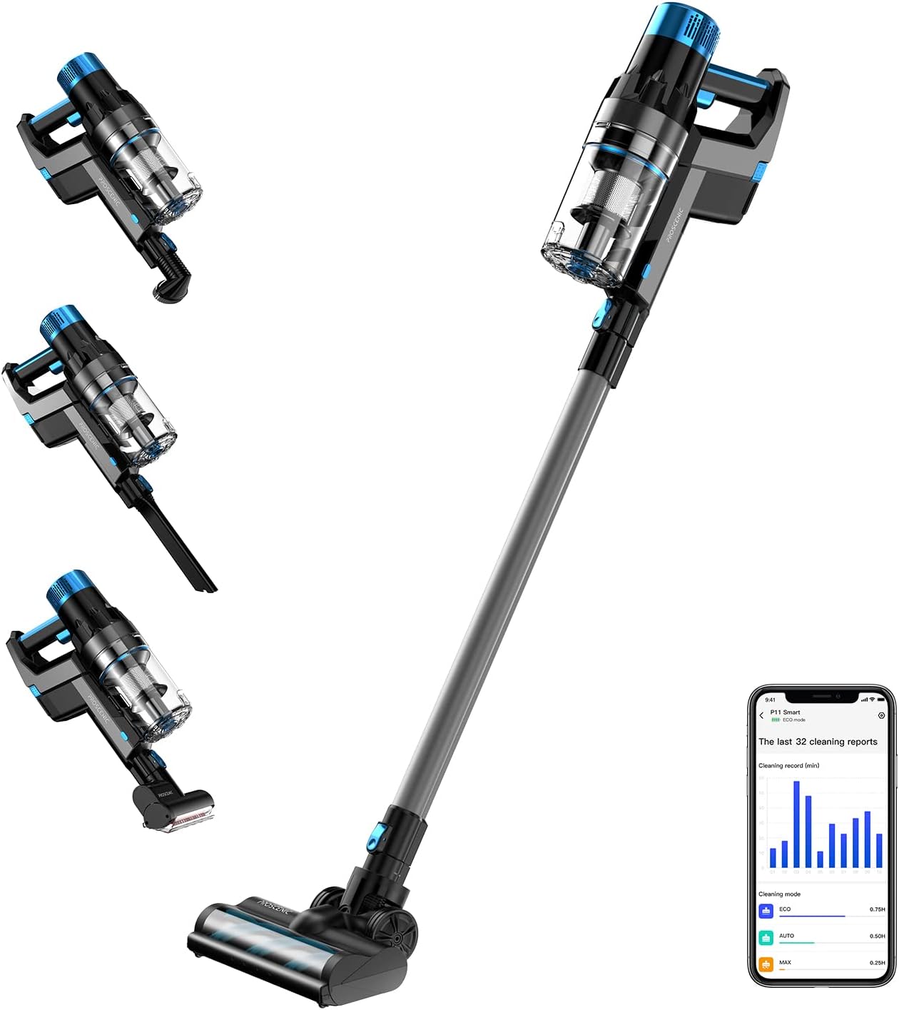 Proscenic P11 Smart Cordless Vacuum Cleaner, Up to 60mins Runtime, Handheld Vacuum with 30KPA Strong Suction Power, Smart App Integration, for Home