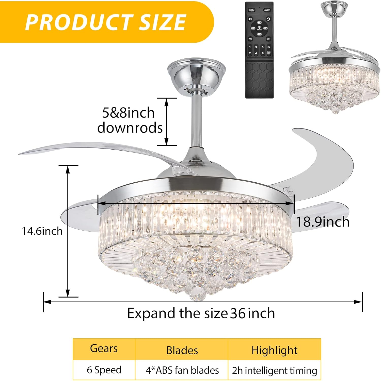 36 Inch Crystal Ceiling Fans with Lights