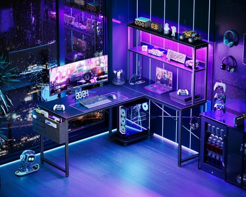 AODK L Shaped Desk Gaming Desk with LED Light & Power Outlet