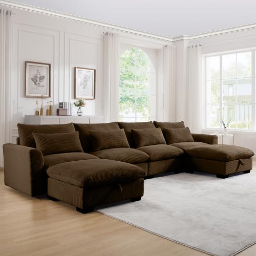 Corduroy Sectional Sofa Couch, Modular Fabric Sofa Bed with Storage, U-Shaped & L-Shaped for Living Room, High-Density Foam, Soft Waist Pillows