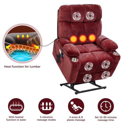 Electric Power Lift Recliner Oversize Chair Dual Motor Vibration Massage Heated Gift Fabric Single Sofa for Elder with Side Pockets Cup Holders for