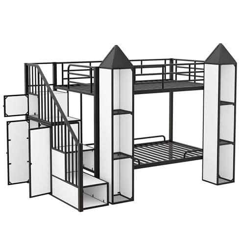 Full-Over-Full Castle Style Bunk Bed with 2 Drawers and 3 Shelves, Wood Bunk Bed Frame with Slide and Storage Staircase for Kids Teens Boys Girls