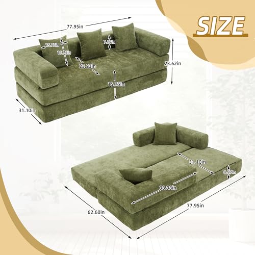 Convertible Sleeper Sofa Bed with Cylindrical Pillow, Corduroy Folding Mattress Couch with Fixed-Shape Frame