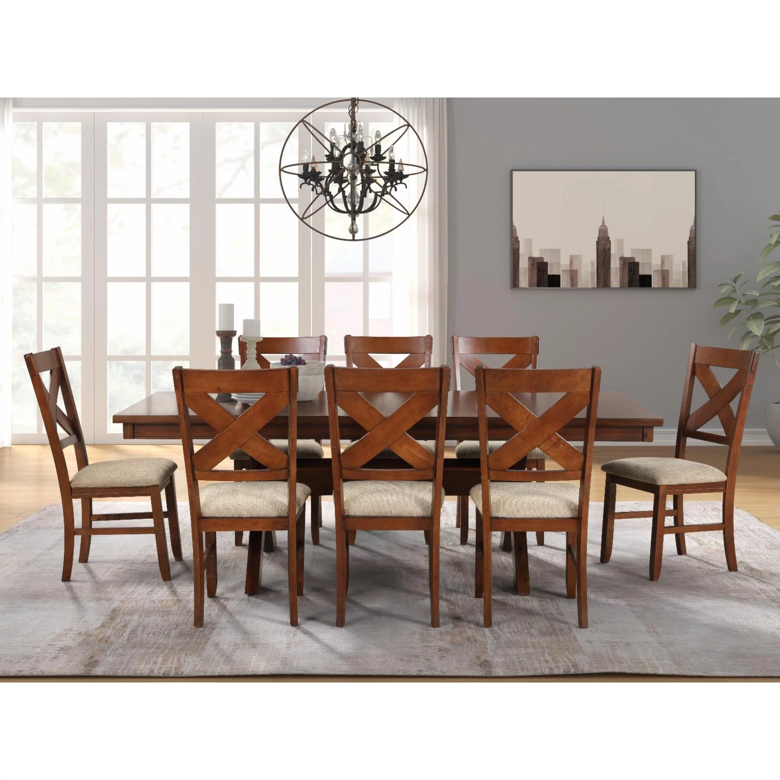 Roundhill Furniture Karven 9-Piece Extendable Dining Set - Glazed Pine Brown - Radiant Selections