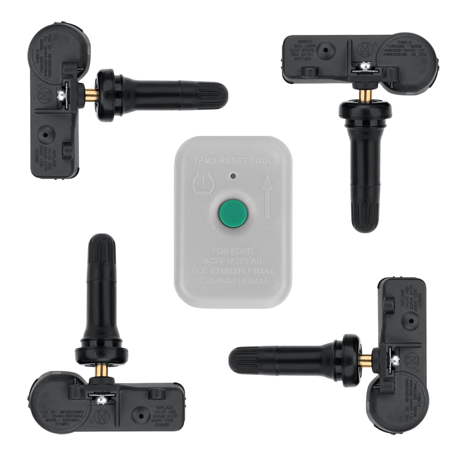 4 Pack Tire Pressure Monitoring System Sensor 315MHz DE8T-1A180-AA TPMS Sensor+ TPMS Relearn Tool Compatible with Ford Focus Fusion F150 CMAX E150