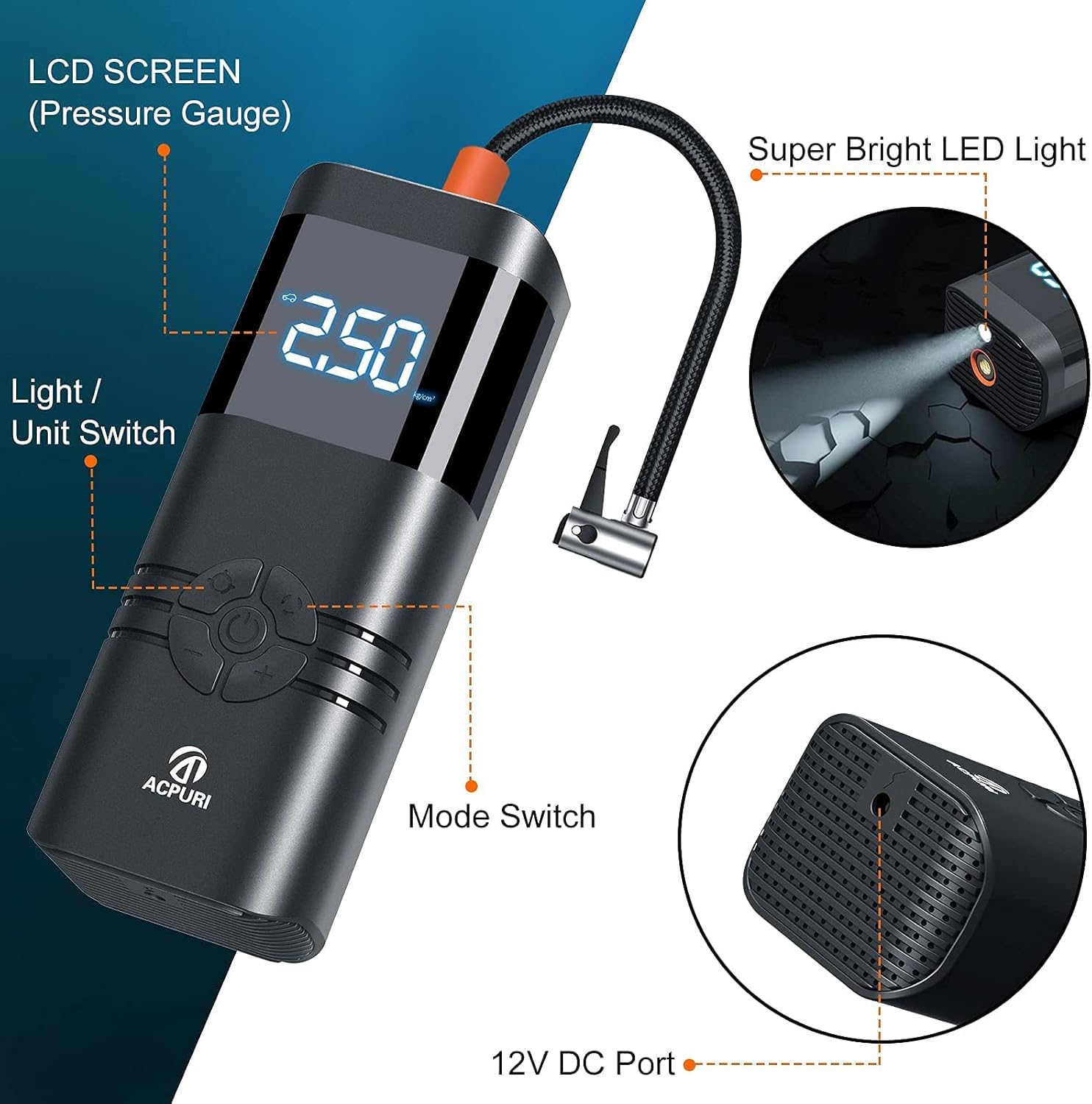 Portable Air Compressor Tire Inflator: 12V DC Auto Tire Pump Car Tire Inflator with Digital Pressure Gauge, Fast Inflation