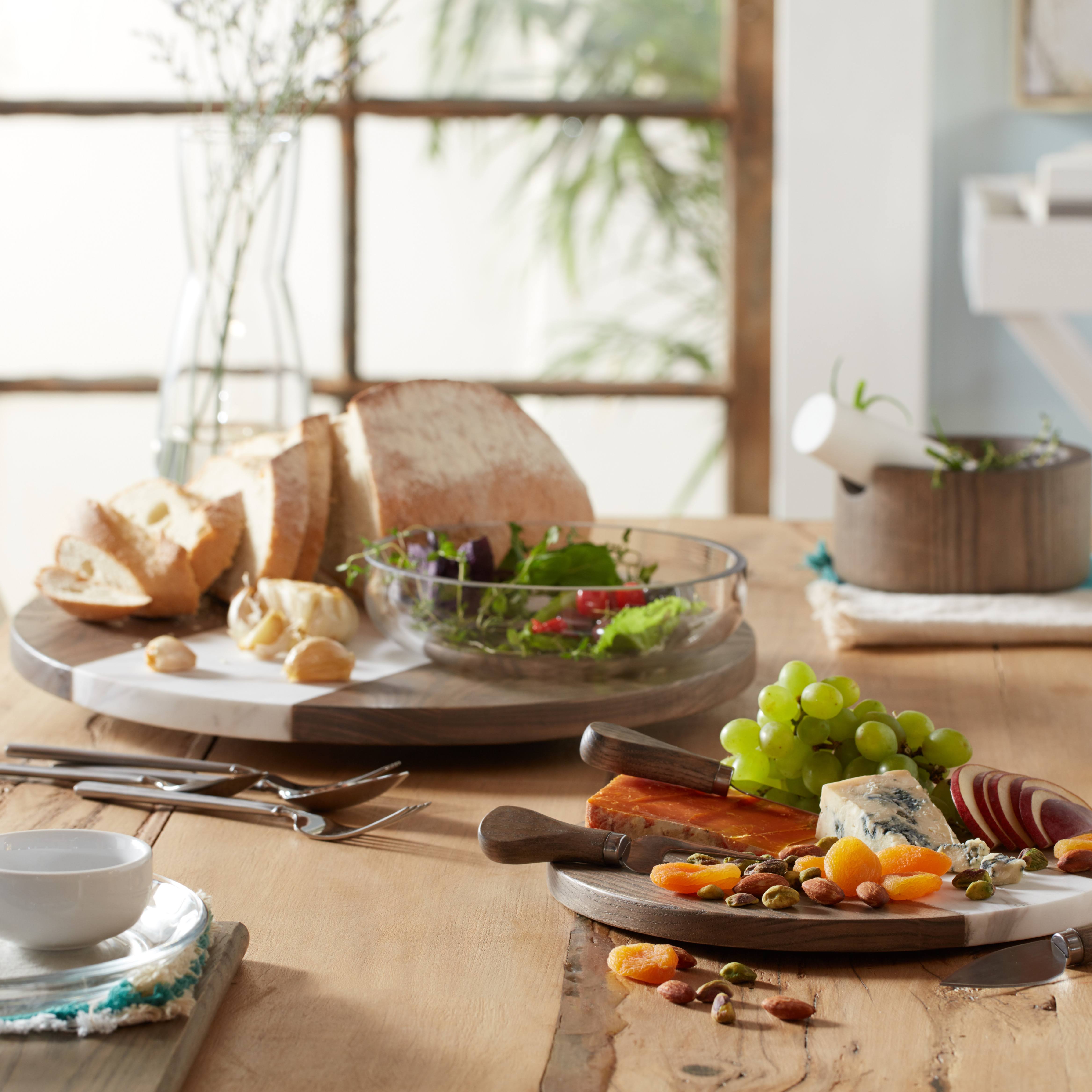 Libbey Prologue Handmade Wood and Marble Lazy Susan Tabletop Centerpiece, 15-inch
