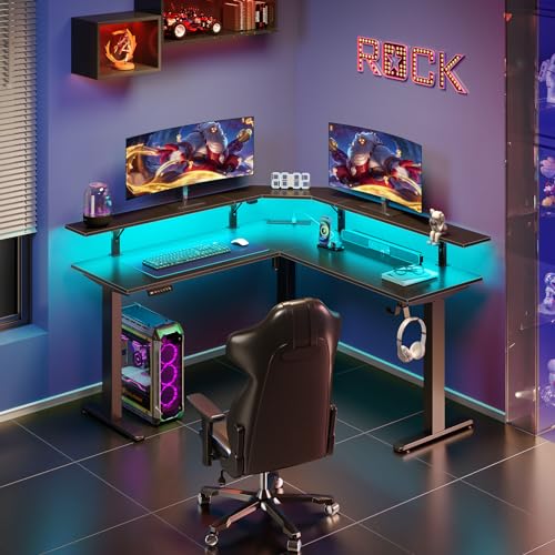 Rolanstar Standing Desk L Shaped with LED Light and Power Outlet, Electric Height Adjustable Desk with Monitor Stand, Sit Stand Up Desk