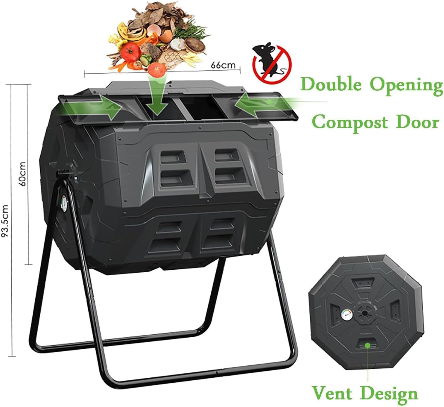 Outdoor Compost Bin, 160L Tumbling Compost Bin Outdoor Dual Chamber 360° Rotating Composter with Thermometer and Dual Chamber Sliding Doors