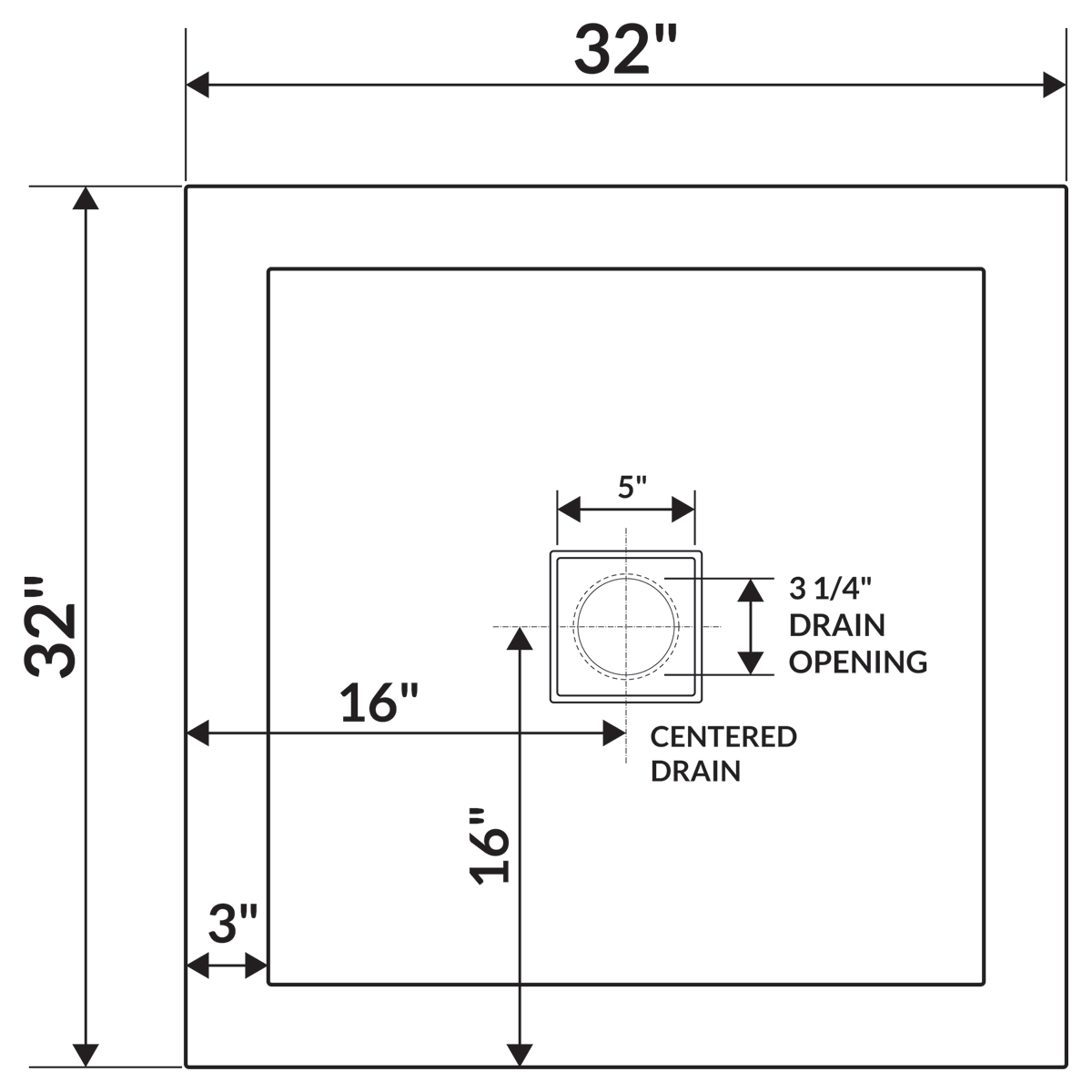 LessCare 32 x 32 Single Threshold Shower Pan Base Alcove Center Drain