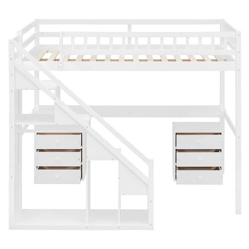 Modern Full Size Gaming Loft Bed with Built-in Desk and Storage Wardrobe, Wood Loft Bed Frame with Light Strip and 2 Drawers