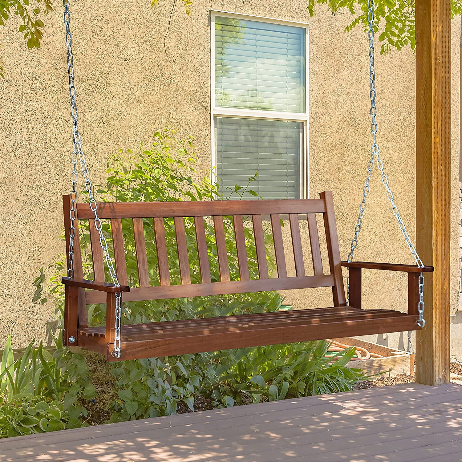 Outdoor Patio Hanging Wooden Porch Swing 5FT with Chains, 3-Person Heavy Duty Swing Bench for Garden and Backyard, Wood Brown
