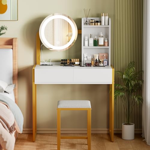 Vanity Desk with Mirror and Lights, Makeup Vanity with Power Outlet & 3 Lighting Modes, White Vanity with Chair & Drawers