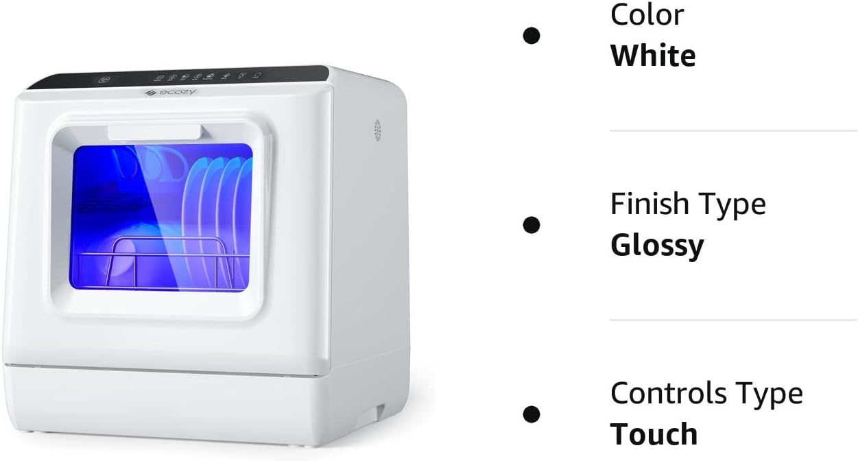 ecozy Portable Dishwasher Countertop, Mini Dishwasher with a Built-in 5L Water Tank, No Hookup Needed, 6 Washing Programs