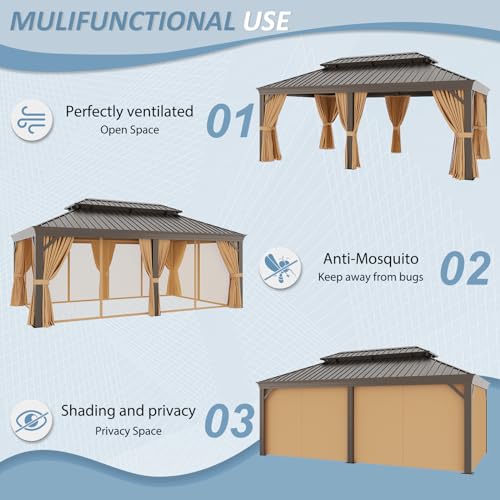 Aoxun 10' X 12' Hardtop Gazebo, Aluminum Outdoor Gazebo with Galvanized Steel Double Top Canopy