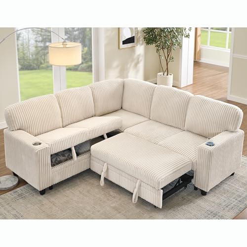 L-Shaped Pull Out Sleep Sofabed,Modern Reversible Sleeper Sectional Sofa Chenille Upholstered Button Tufted Decor with Storage Chaise