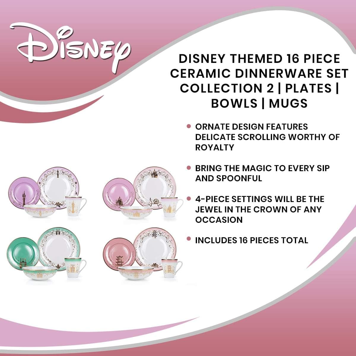 Disney Themed Dinnerware Set - 16 Ceramic Dishes, 4 Place Settings | Collection 2 | Featuring Princesses Tiana, Rapunzel, Aurora