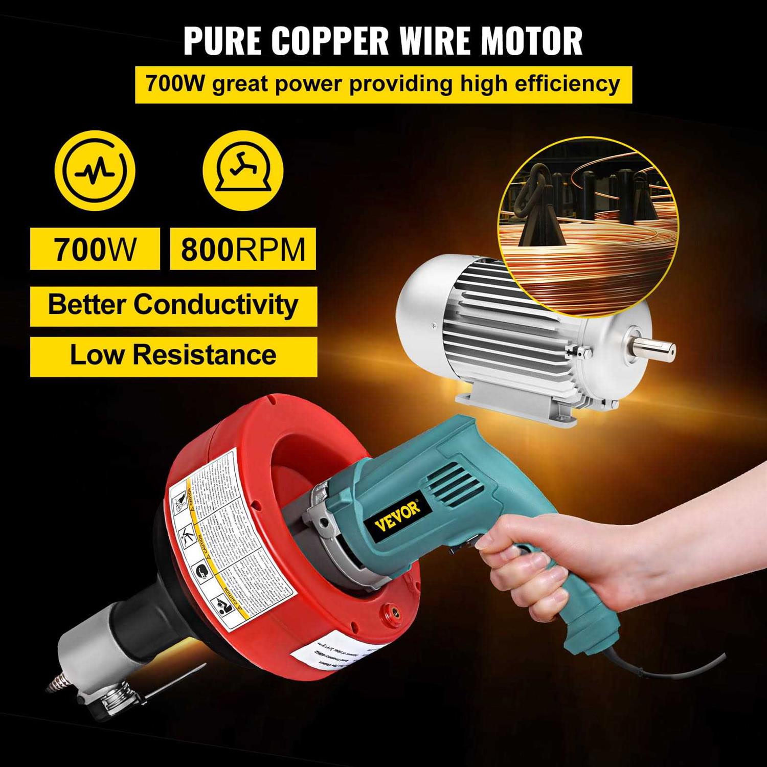 VEVOR Drain Cleaner Machine 26 ft X1/3 inch 700W Electric Drain Cleaning Machine Drain Snake Drain Auger fit 0.8-2.6Pipes