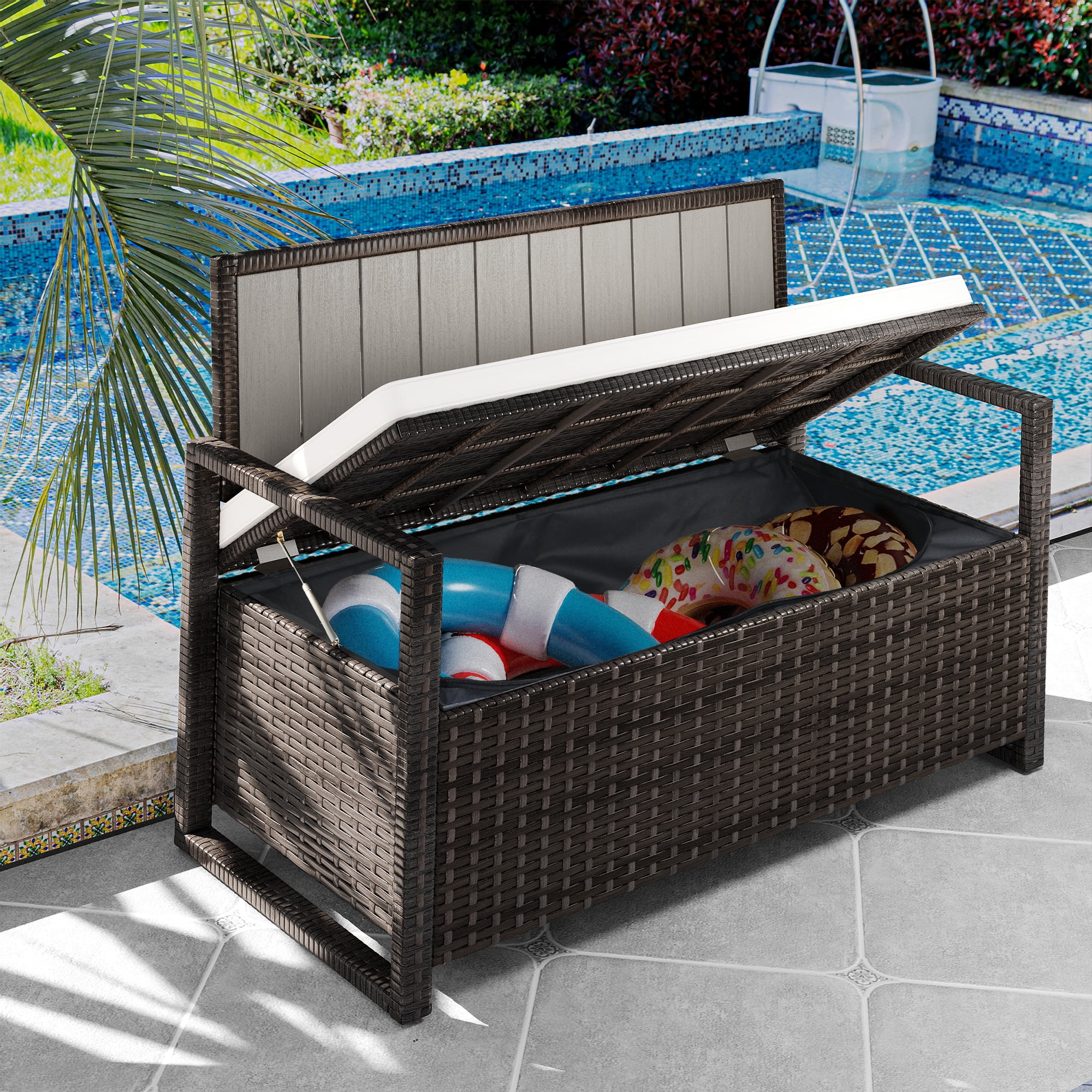 Dextrus 70 Gallon Outdoor Storage Bench Loveseat, Wicker Storage Seat for Patio Furniture, Outdoor Cushions, Pool Storage - Brown