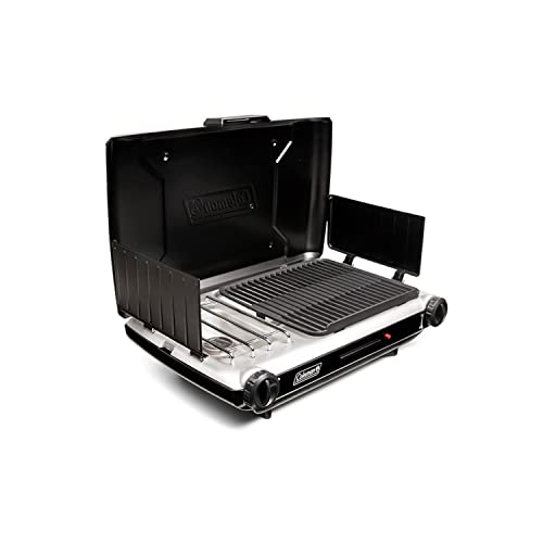 Coleman Tabletop 2-in-1 Grill & Stove with 2 Adjustable Burners, Propane Grill/Stove with Push-Button Starter, Wind Guards, Grease Tray, & 20