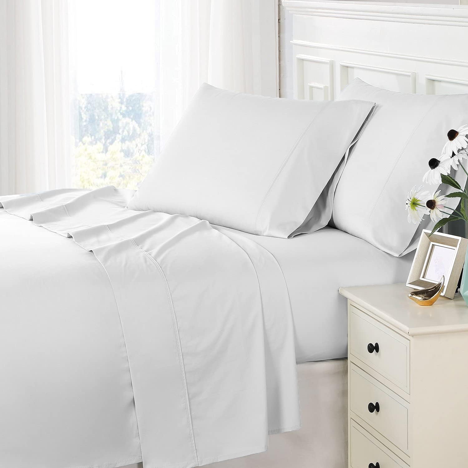 Pizuna 800 Thread Count Cotton California-King-Sheet-Set White, 100% Long-Staple-Cotton Smooth Sateen Sheets