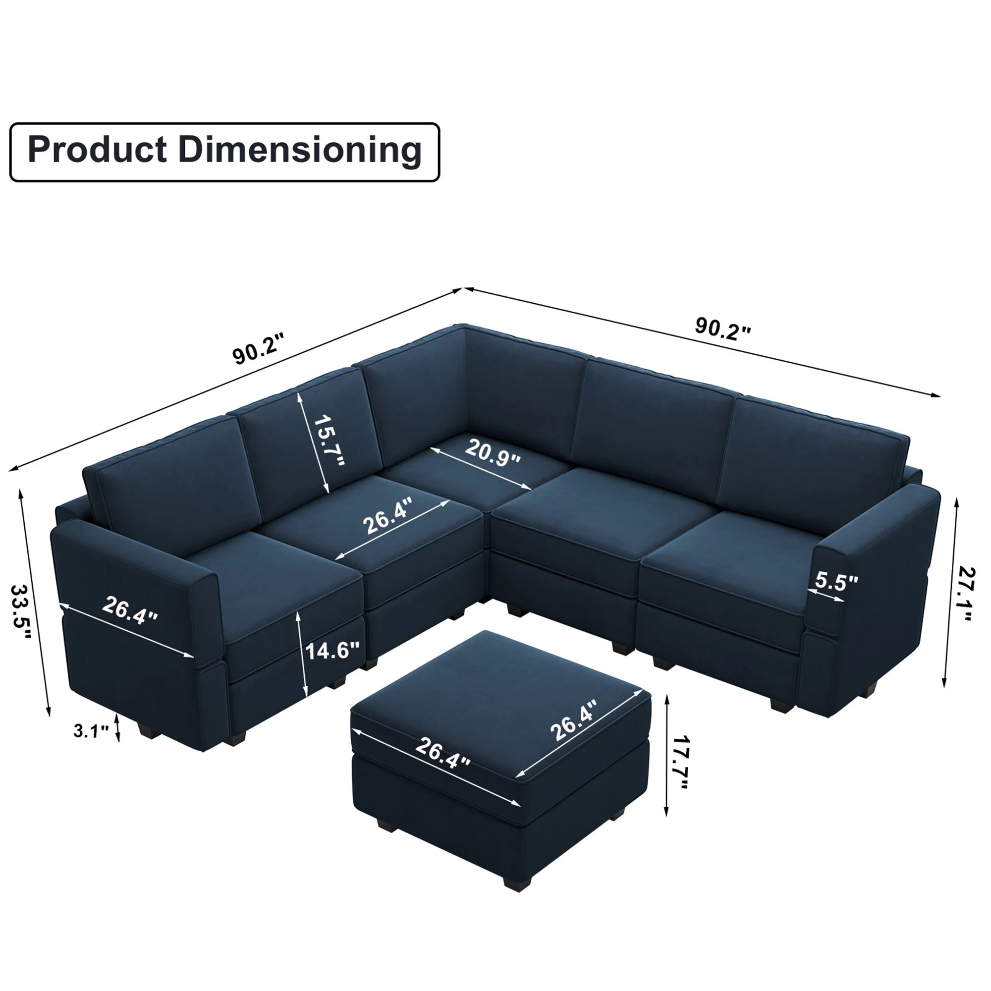 Belffin Modular Sectional L Shaped Sofa with Storage Velvet Convertible Chaise Couch 6 Seats Blue