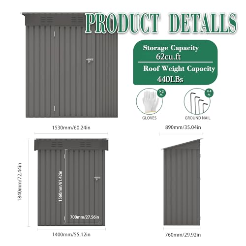 5x3x6FT Outdoor Storage Shed, Galvanized Steel Garden Shed with Lockable Door & Window, Waterproof Metal Tool Storage for Garden, Backyard, Patio