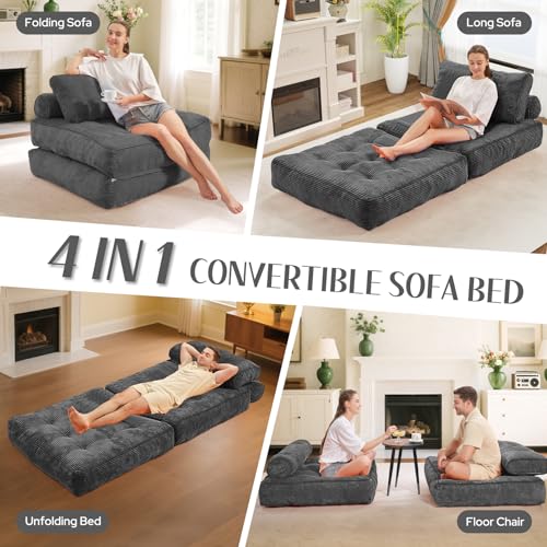 HABUTWAY Folding Sofa Bed, Convertible Sleeper Chair Bed w/Dual-Pillow & Handle, Foldable Floor Sofa Lounge w/Back Support for Living Room, Bedroom