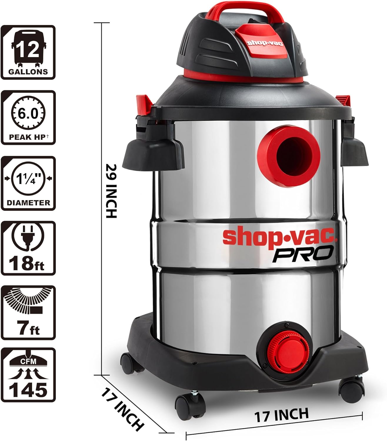 Shop-Vac 12 Gallon 6.0 Peak HP Wet/Dry Vacuum, Stainless Steel Tank, 3 in 1 Function Portable Shop Vacuum with Attachments, Drain Port