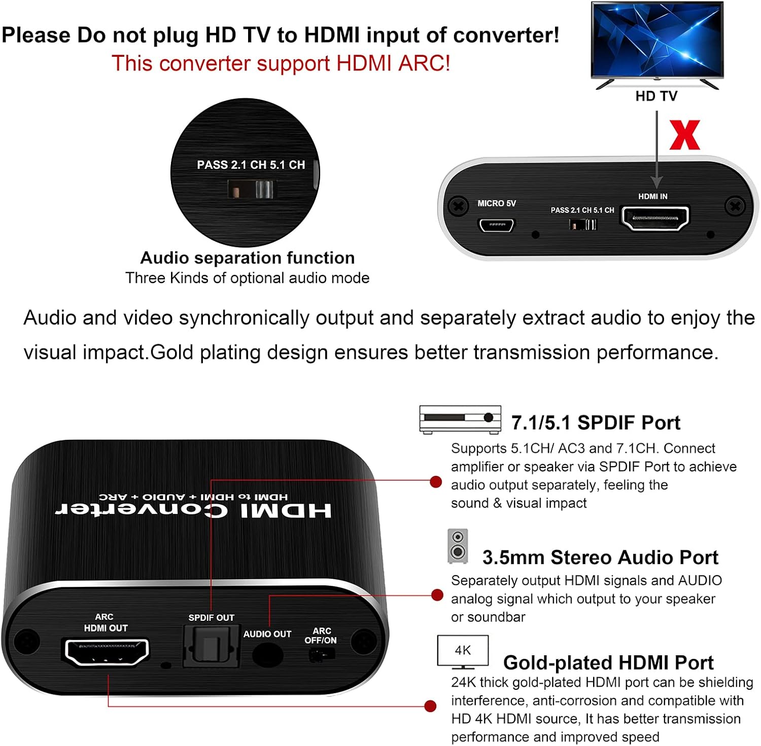 avedio links 4K@60Hz HDMI Audio Extractor, HDMI to HDMI + Optical Toslink SPDIF + 3.5mm AUX Stereo Audio Out