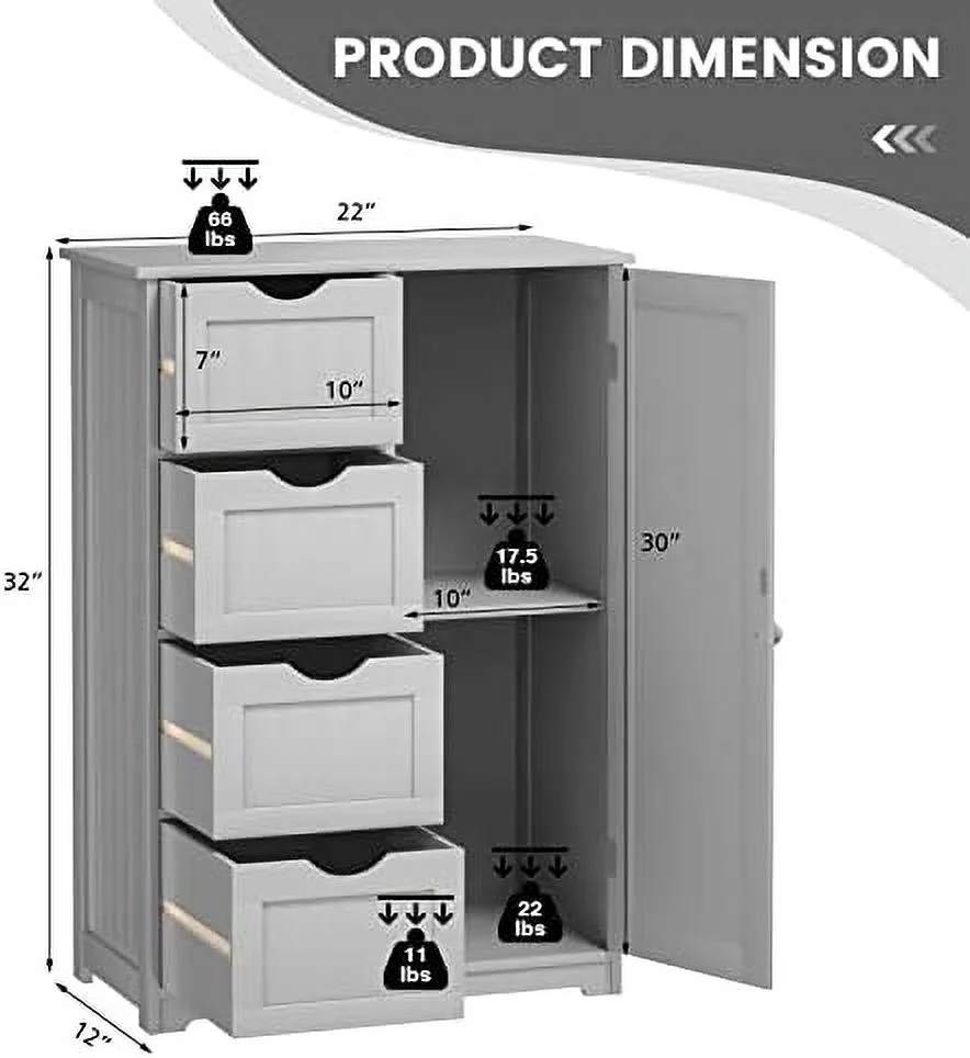 KHBIULIFE Bathroom Floor Cabinet  Side  Organizer Cabinet w/ 1 Cupboard and 4 Drawers  Wooden Free Standing  Cabinet w/Adjustable  in 3 Positions for