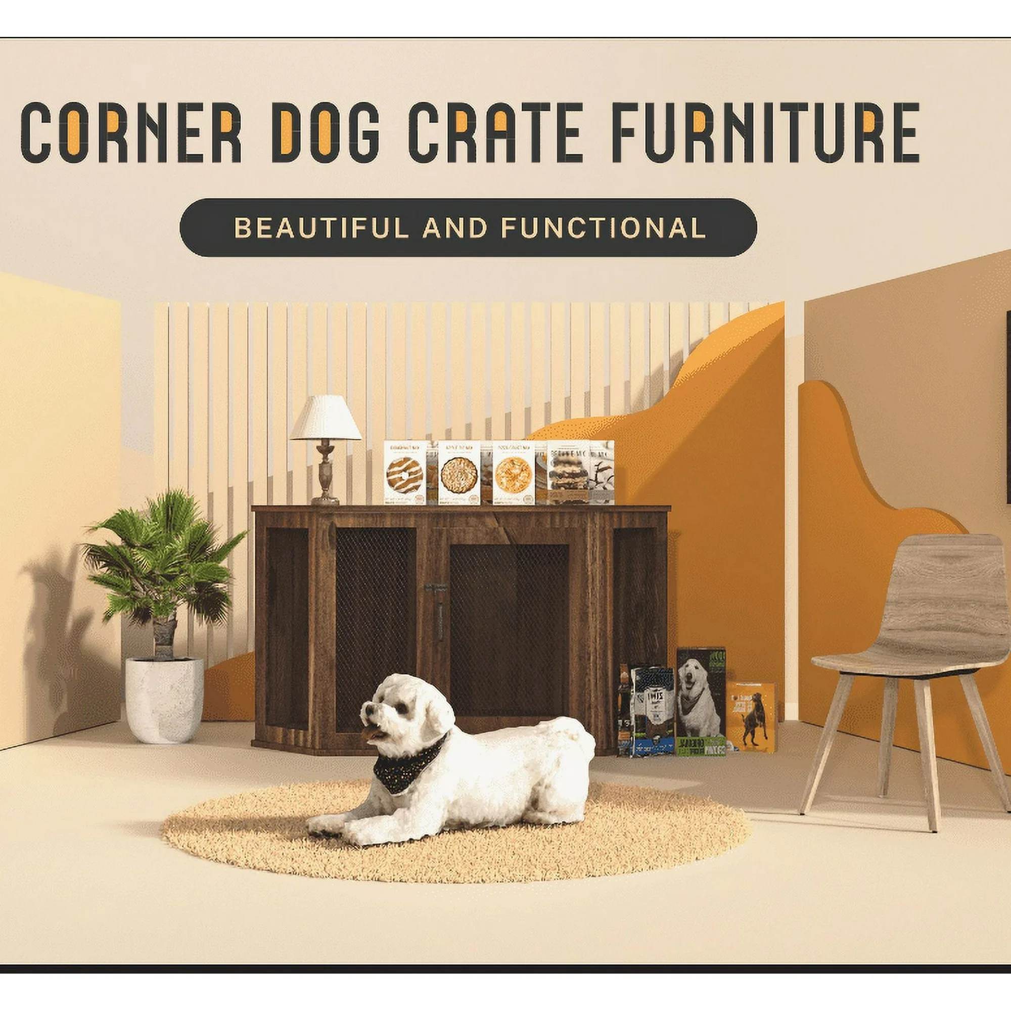 KPIBEST Corner Dog Crate Furniture, Dog Kennel Furniture with Metal Mesh, Wooden Dog Crate End Table, Small Medium Dogs, Brown