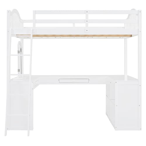 Harper & Bright Designs Full Size Loft Bed with Desk, Storage Shelves and Drawers, Solid Wood Loft Bed Frame with Built-in Wardrobe, Walnut