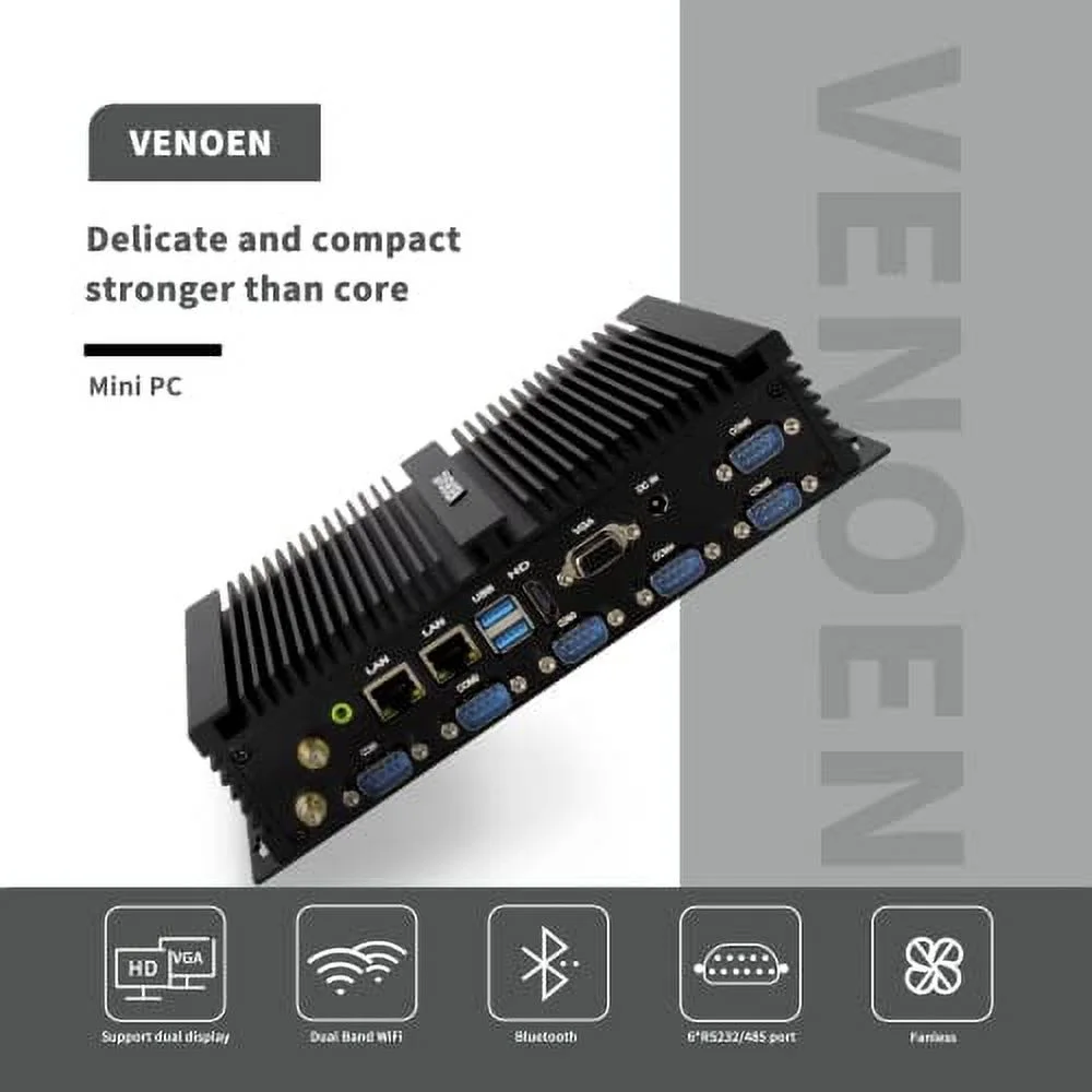 Industrial Mini PC Windows 10, Celeron J4125, 16GB DDR4 RAM 512GB SSD, HD-MI, VGA, 2-Display, Dual RJ45 Lan, 6 COM RS232/485, USB3.0, Wifi AC, BT