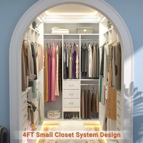 4FT Small Closet System with 3 Fabric Drawers, 48'' Closet Organizer System With 3 Adjustable Shelves
