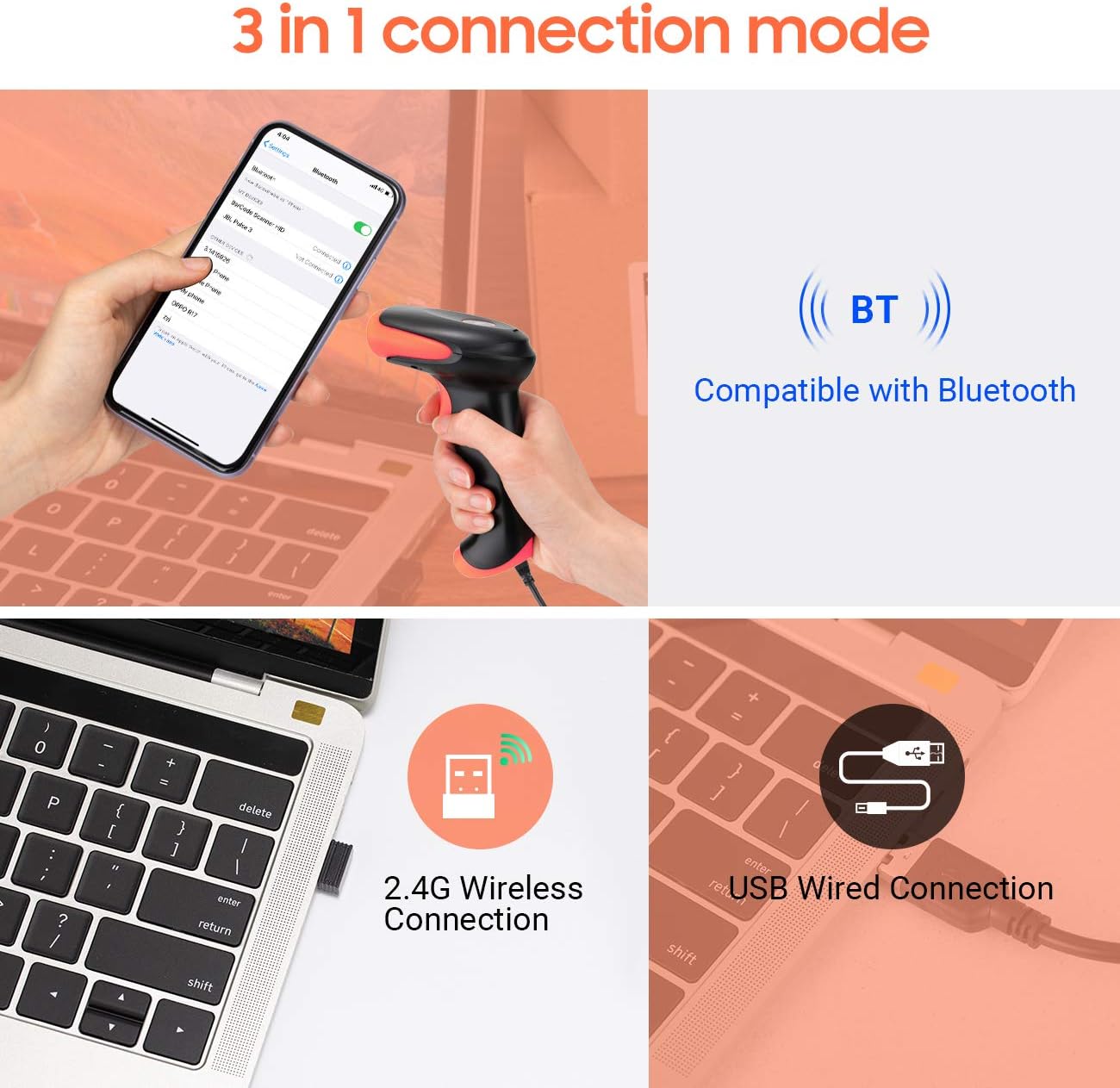 Tera Pro Wireless 2D QR Barcode Scanner 3 in 1 Bluetooth & 2.4GHz Wireless & USB Wired Connection Connect Smart Phone Tablet PC Image Bar Code Reader
