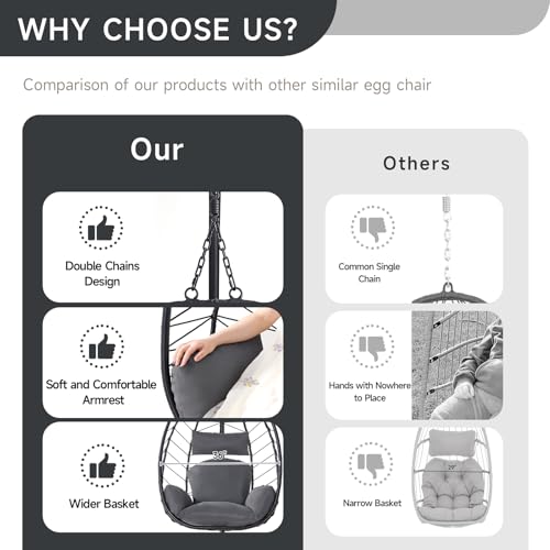 Hanging Egg Chair with Stand, Outdoor Indoor Egg Swing Chair with Cushion Headrest, Wicker Rattan Egg Chair with Dual Chains
