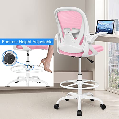 Primy Drafting Chair Tall Office Chair with Flip-up Armrests Executive Ergonomic Computer Standing Desk Chair with Lumbar Support and Adjustable