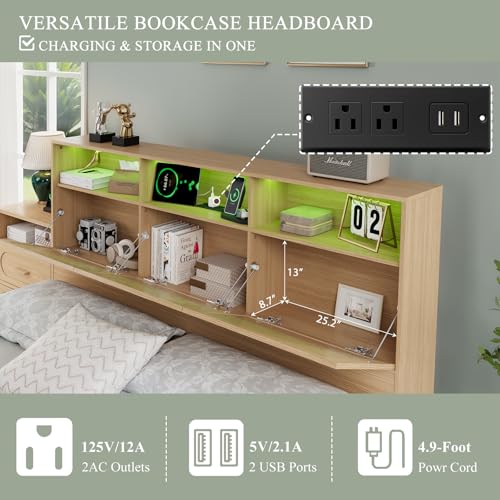 Queen Bed Frame with 47" Storage Headboard, Queen Size Wood Bed Frame with 4 Storage Drawers, Built-in Charging Station & LED, Solid Wood Slats
