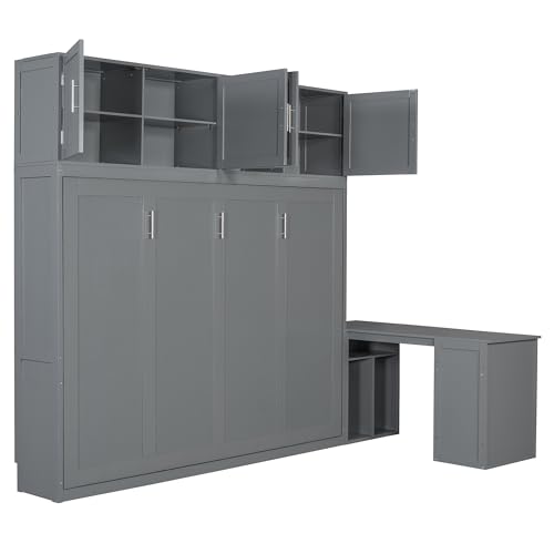 Harper & Bright Designs Twin Size Murphy Bed, Wooden Twin Wall Bed Frame with Closet, Drawers & Desk, White